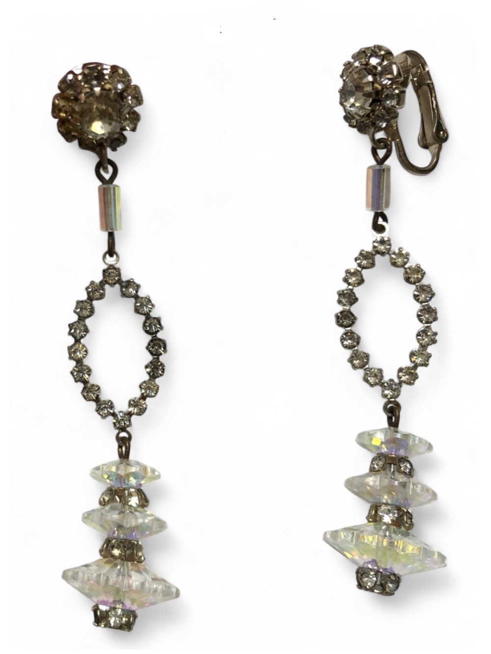 Beautiful Vintage Aurora Borealis Crystal Dangle Earrings Rhinestones beaded WOW